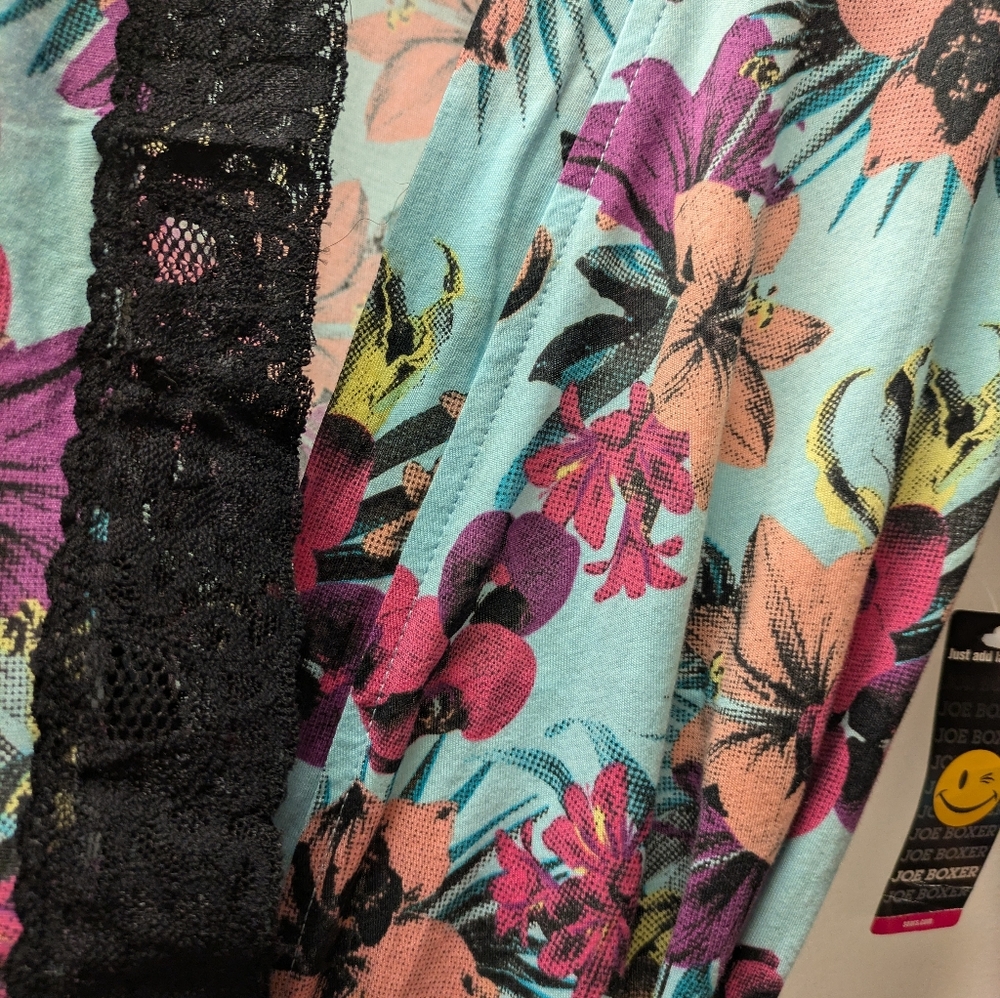M Joe Boxer Floral Lace Hem Belted Light Short Bathrobe Cotton/Modal NWT - Picture 3 of 6